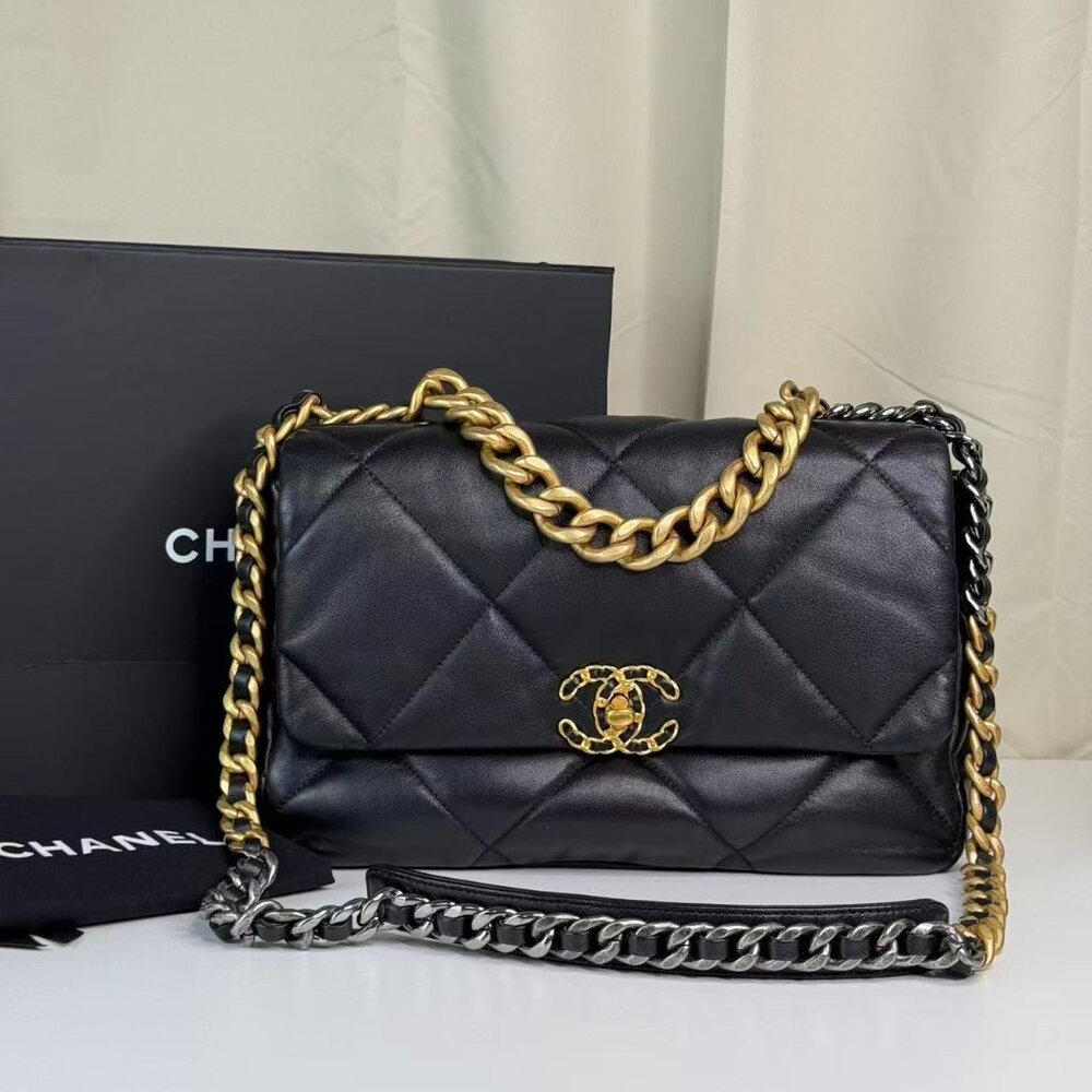Chanel Black 19 Medium Shoulder Bag with Gold Chain Crossbody Strap